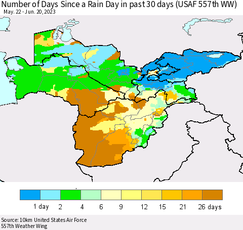 Central Asia Number of Days Since a Rain Day in past 30 days (USAF 557th WW) Thematic Map For 6/16/2023 - 6/20/2023
