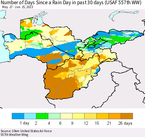 Central Asia Number of Days Since a Rain Day in past 30 days (USAF 557th WW) Thematic Map For 6/21/2023 - 6/25/2023