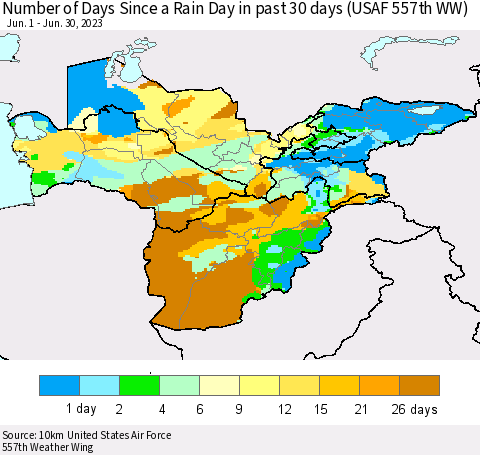 Central Asia Number of Days Since a Rain Day in past 30 days (USAF 557th WW) Thematic Map For 6/26/2023 - 6/30/2023