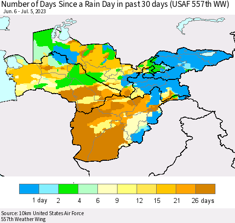 Central Asia Number of Days Since a Rain Day in past 30 days (USAF 557th WW) Thematic Map For 7/1/2023 - 7/5/2023