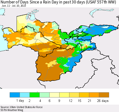 Central Asia Number of Days Since a Rain Day in past 30 days (USAF 557th WW) Thematic Map For 7/6/2023 - 7/10/2023
