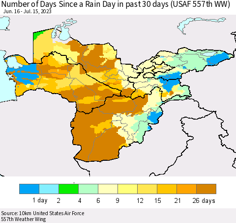 Central Asia Number of Days Since a Rain Day in past 30 days (USAF 557th WW) Thematic Map For 7/11/2023 - 7/15/2023