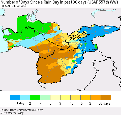 Central Asia Number of Days Since a Rain Day in past 30 days (USAF 557th WW) Thematic Map For 7/16/2023 - 7/20/2023