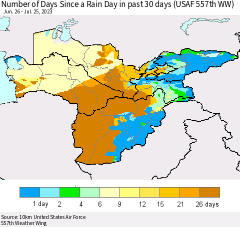 Central Asia Number of Days Since a Rain Day in past 30 days (USAF 557th WW) Thematic Map For 7/21/2023 - 7/25/2023