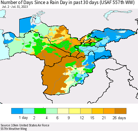 Central Asia Number of Days Since a Rain Day in past 30 days (USAF 557th WW) Thematic Map For 7/26/2023 - 7/31/2023