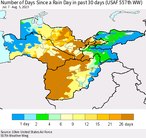 Central Asia Number of Days Since a Rain Day in past 30 days (USAF 557th WW) Thematic Map For 8/1/2023 - 8/5/2023