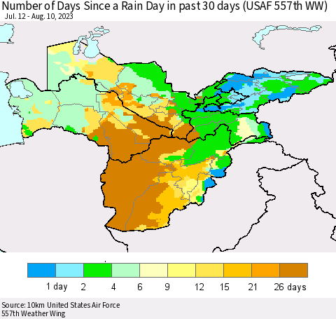 Central Asia Number of Days Since a Rain Day in past 30 days (USAF 557th WW) Thematic Map For 8/6/2023 - 8/10/2023