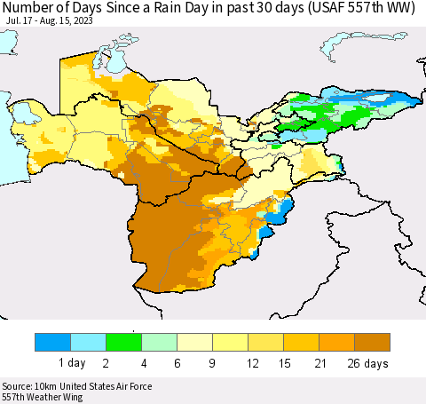 Central Asia Number of Days Since a Rain Day in past 30 days (USAF 557th WW) Thematic Map For 8/11/2023 - 8/15/2023