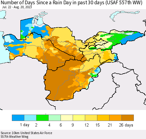 Central Asia Number of Days Since a Rain Day in past 30 days (USAF 557th WW) Thematic Map For 8/16/2023 - 8/20/2023