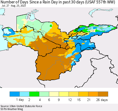 Central Asia Number of Days Since a Rain Day in past 30 days (USAF 557th WW) Thematic Map For 8/21/2023 - 8/25/2023