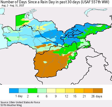 Central Asia Number of Days Since a Rain Day in past 30 days (USAF 557th WW) Thematic Map For 8/26/2023 - 8/31/2023