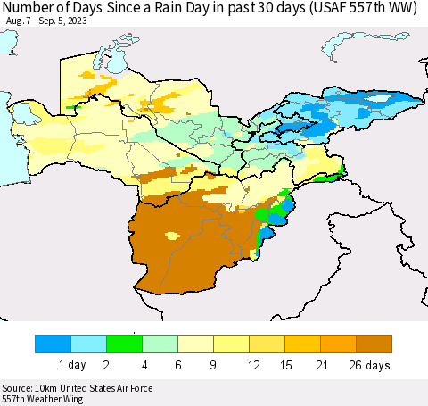Central Asia Number of Days Since a Rain Day in past 30 days (USAF 557th WW) Thematic Map For 9/1/2023 - 9/5/2023