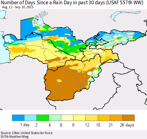 Central Asia Number of Days Since a Rain Day in past 30 days (USAF 557th WW) Thematic Map For 9/6/2023 - 9/10/2023