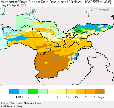 Central Asia Number of Days Since a Rain Day in past 30 days (USAF 557th WW) Thematic Map For 9/11/2023 - 9/15/2023