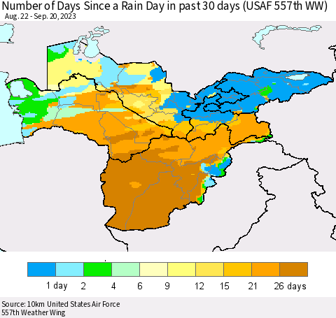 Central Asia Number of Days Since a Rain Day in past 30 days (USAF 557th WW) Thematic Map For 9/16/2023 - 9/20/2023
