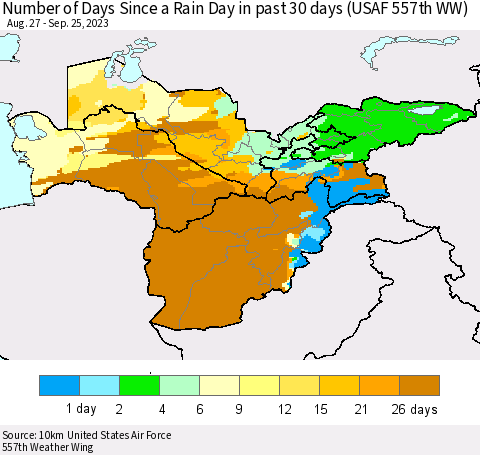 Central Asia Number of Days Since a Rain Day in past 30 days (USAF 557th WW) Thematic Map For 9/21/2023 - 9/25/2023