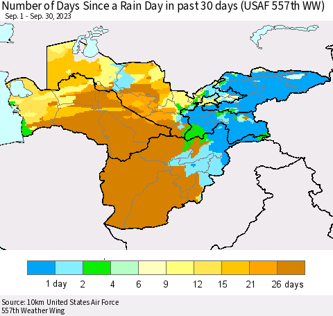 Central Asia Number of Days Since a Rain Day in past 30 days (USAF 557th WW) Thematic Map For 9/26/2023 - 9/30/2023