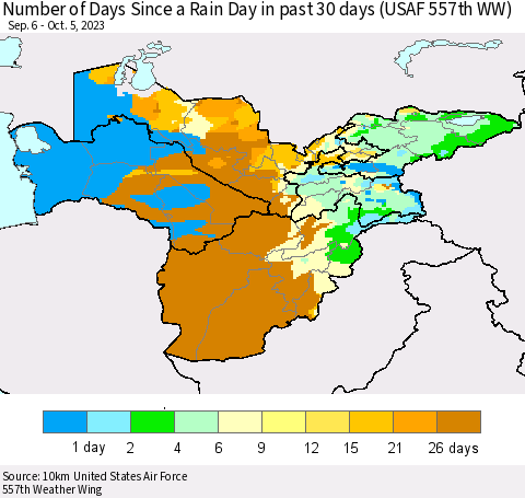 Central Asia Number of Days Since a Rain Day in past 30 days (USAF 557th WW) Thematic Map For 10/1/2023 - 10/5/2023
