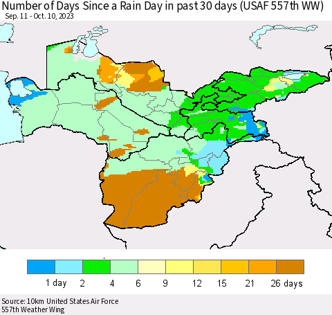 Central Asia Number of Days Since a Rain Day in past 30 days (USAF 557th WW) Thematic Map For 10/6/2023 - 10/10/2023