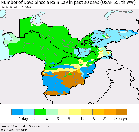 Central Asia Number of Days Since a Rain Day in past 30 days (USAF 557th WW) Thematic Map For 10/11/2023 - 10/15/2023