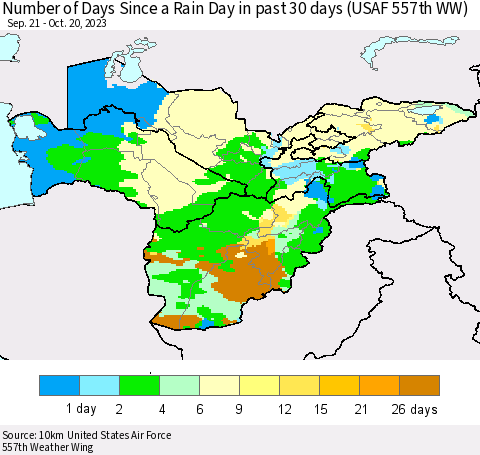 Central Asia Number of Days Since a Rain Day in past 30 days (USAF 557th WW) Thematic Map For 10/16/2023 - 10/20/2023