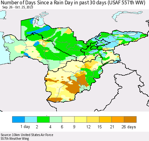 Central Asia Number of Days Since a Rain Day in past 30 days (USAF 557th WW) Thematic Map For 10/21/2023 - 10/25/2023
