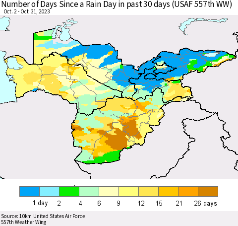 Central Asia Number of Days Since a Rain Day in past 30 days (USAF 557th WW) Thematic Map For 10/26/2023 - 10/31/2023