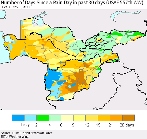 Central Asia Number of Days Since a Rain Day in past 30 days (USAF 557th WW) Thematic Map For 11/1/2023 - 11/5/2023