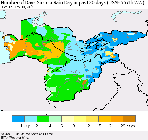 Central Asia Number of Days Since a Rain Day in past 30 days (USAF 557th WW) Thematic Map For 11/6/2023 - 11/10/2023