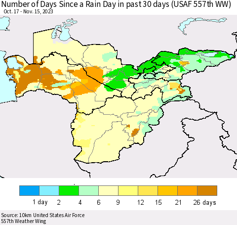 Central Asia Number of Days Since a Rain Day in past 30 days (USAF 557th WW) Thematic Map For 11/11/2023 - 11/15/2023