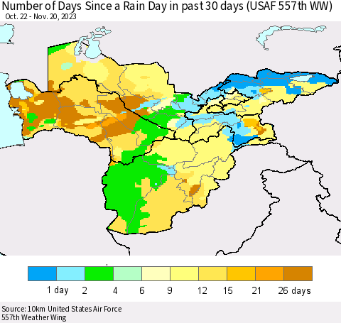 Central Asia Number of Days Since a Rain Day in past 30 days (USAF 557th WW) Thematic Map For 11/16/2023 - 11/20/2023