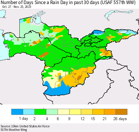 Central Asia Number of Days Since a Rain Day in past 30 days (USAF 557th WW) Thematic Map For 11/21/2023 - 11/25/2023