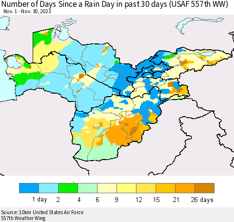Central Asia Number of Days Since a Rain Day in past 30 days (USAF 557th WW) Thematic Map For 11/26/2023 - 11/30/2023
