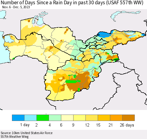 Central Asia Number of Days Since a Rain Day in past 30 days (USAF 557th WW) Thematic Map For 12/1/2023 - 12/5/2023