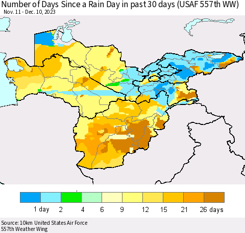 Central Asia Number of Days Since a Rain Day in past 30 days (USAF 557th WW) Thematic Map For 12/6/2023 - 12/10/2023