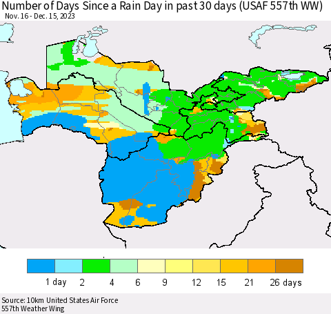 Central Asia Number of Days Since a Rain Day in past 30 days (USAF 557th WW) Thematic Map For 12/11/2023 - 12/15/2023