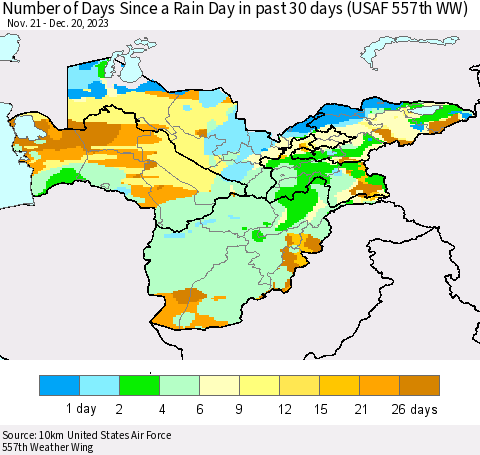 Central Asia Number of Days Since a Rain Day in past 30 days (USAF 557th WW) Thematic Map For 12/16/2023 - 12/20/2023