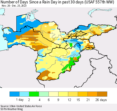 Central Asia Number of Days Since a Rain Day in past 30 days (USAF 557th WW) Thematic Map For 12/21/2023 - 12/25/2023