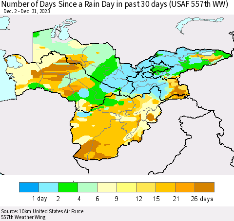 Central Asia Number of Days Since a Rain Day in past 30 days (USAF 557th WW) Thematic Map For 12/26/2023 - 12/31/2023