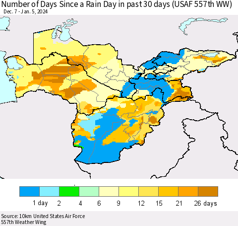 Central Asia Number of Days Since a Rain Day in past 30 days (USAF 557th WW) Thematic Map For 1/1/2024 - 1/5/2024