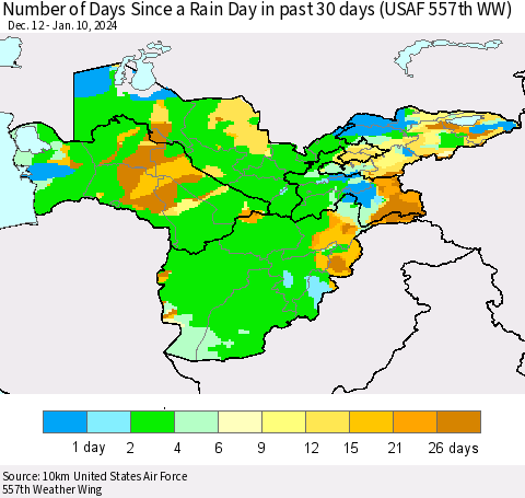 Central Asia Number of Days Since a Rain Day in past 30 days (USAF 557th WW) Thematic Map For 1/6/2024 - 1/10/2024