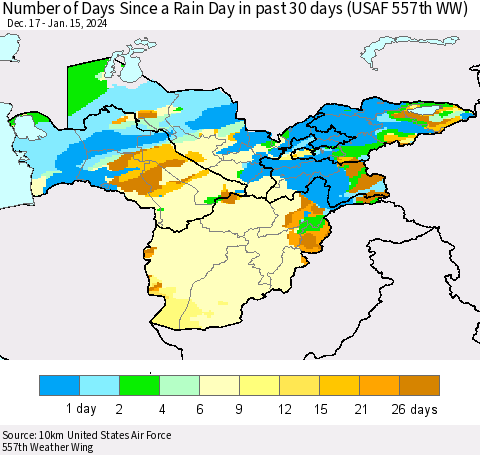 Central Asia Number of Days Since a Rain Day in past 30 days (USAF 557th WW) Thematic Map For 1/11/2024 - 1/15/2024
