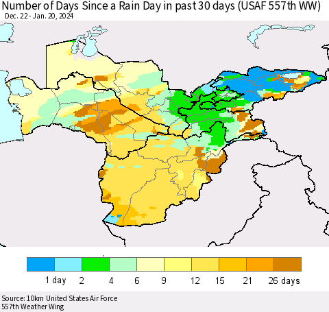 Central Asia Number of Days Since a Rain Day in past 30 days (USAF 557th WW) Thematic Map For 1/16/2024 - 1/20/2024
