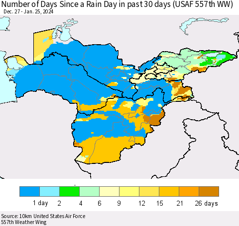 Central Asia Number of Days Since a Rain Day in past 30 days (USAF 557th WW) Thematic Map For 1/21/2024 - 1/25/2024