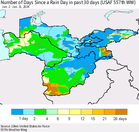 Central Asia Number of Days Since a Rain Day in past 30 days (USAF 557th WW) Thematic Map For 1/26/2024 - 1/31/2024
