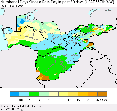 Central Asia Number of Days Since a Rain Day in past 30 days (USAF 557th WW) Thematic Map For 2/1/2024 - 2/5/2024