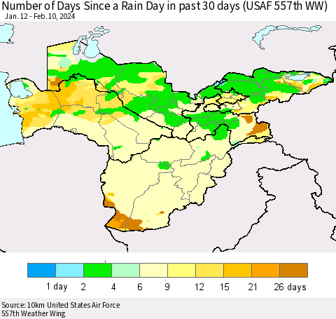 Central Asia Number of Days Since a Rain Day in past 30 days (USAF 557th WW) Thematic Map For 2/6/2024 - 2/10/2024