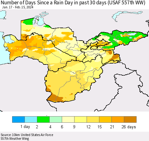 Central Asia Number of Days Since a Rain Day in past 30 days (USAF 557th WW) Thematic Map For 2/11/2024 - 2/15/2024