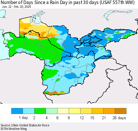 Central Asia Number of Days Since a Rain Day in past 30 days (USAF 557th WW) Thematic Map For 2/16/2024 - 2/20/2024