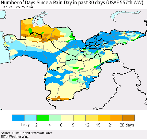 Central Asia Number of Days Since a Rain Day in past 30 days (USAF 557th WW) Thematic Map For 2/21/2024 - 2/25/2024